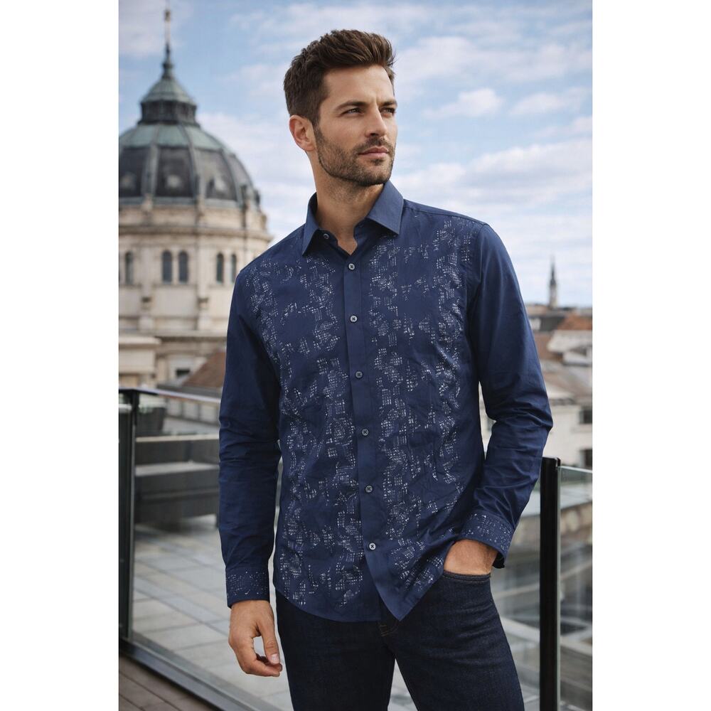 Robert Graham Mabo Mens Button Up Shirt Blue Embroidered SZM Designer Classic